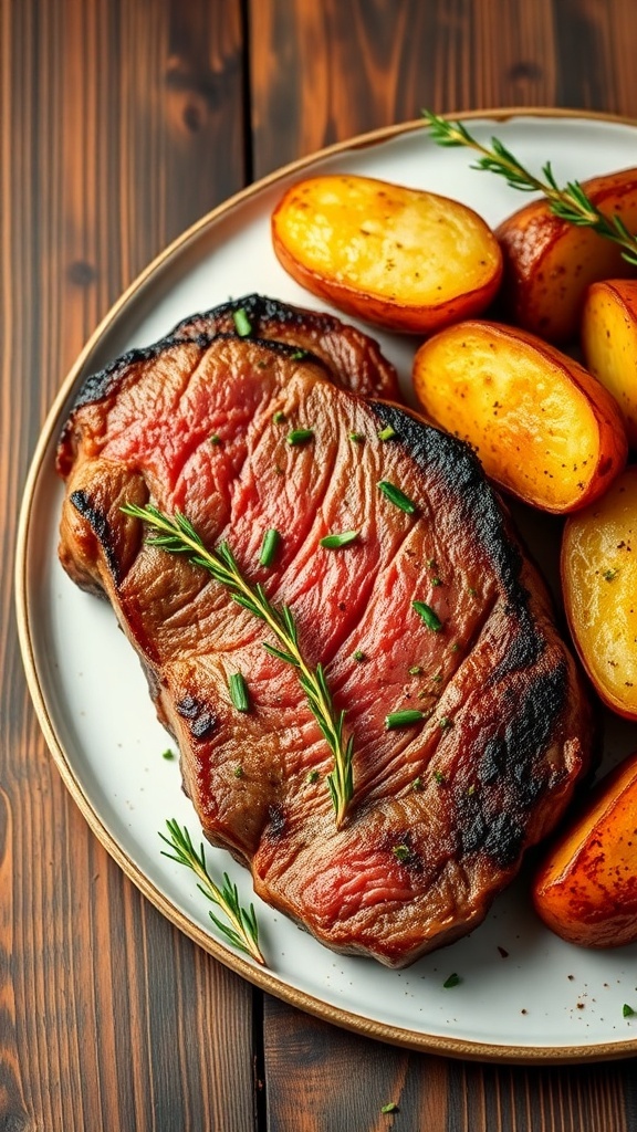 Easy Air Fryer Steak and Potatoes Recipe Air fryer steak with crispy potatoes, garnished with herbs on a rustic table.